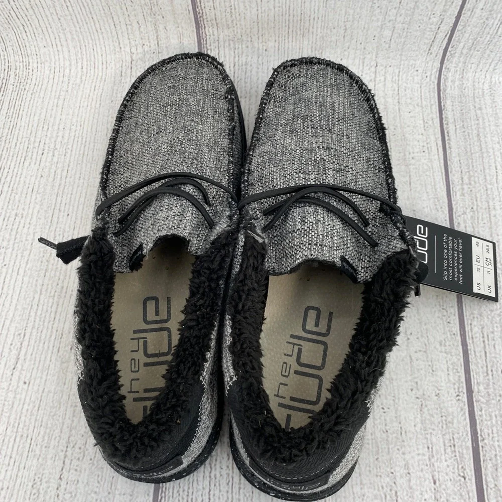 Hey Dude Wally Stitch Mens 12 Stormcloud Grey Faux Fur Lined Loafers Comfort